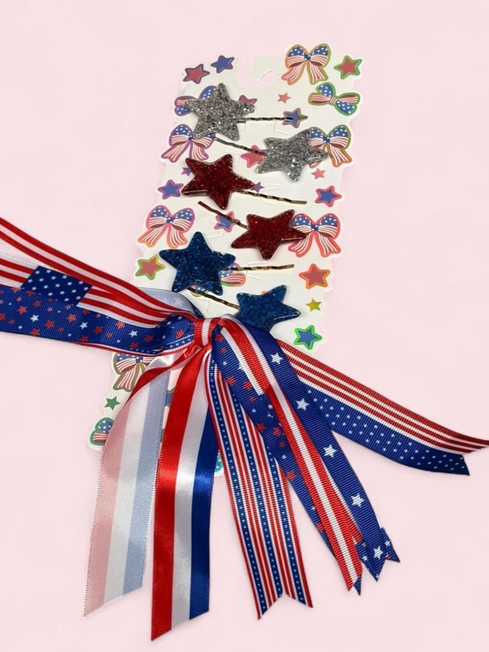 Patriotic Star Hair Pins with Ribbon Streamers - Red, Silver, Blue